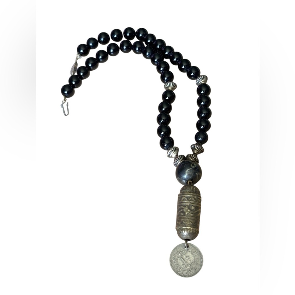 Black Onyx Tribal Pendant Necklace w/ Coin Dangle